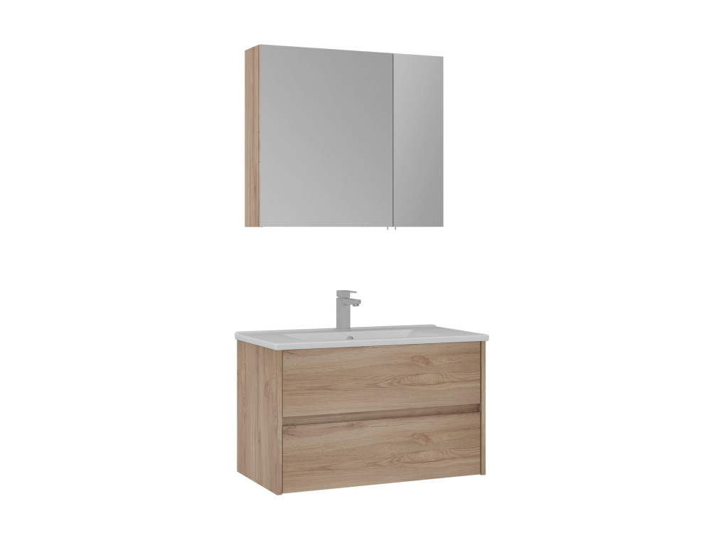 Wastafelmeubel met spiegel (2-delig) "Side 85 v2" - 85 x 45 x 52 cm - Eiken