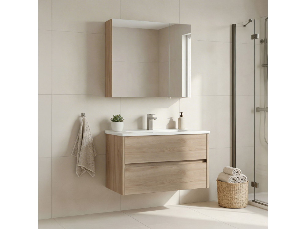 Wastafelmeubel met spiegel (2-delig) "Side 85 v2" - 85 x 45 x 52 cm - Eiken