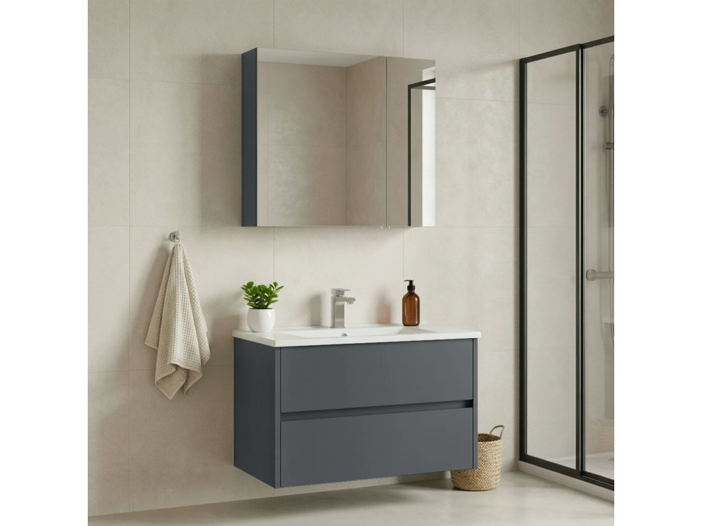 Wastafelmeubel met spiegel (2-delig) "Side 85 v2" - 85 x 45 x 52 cm - Mat antraciet