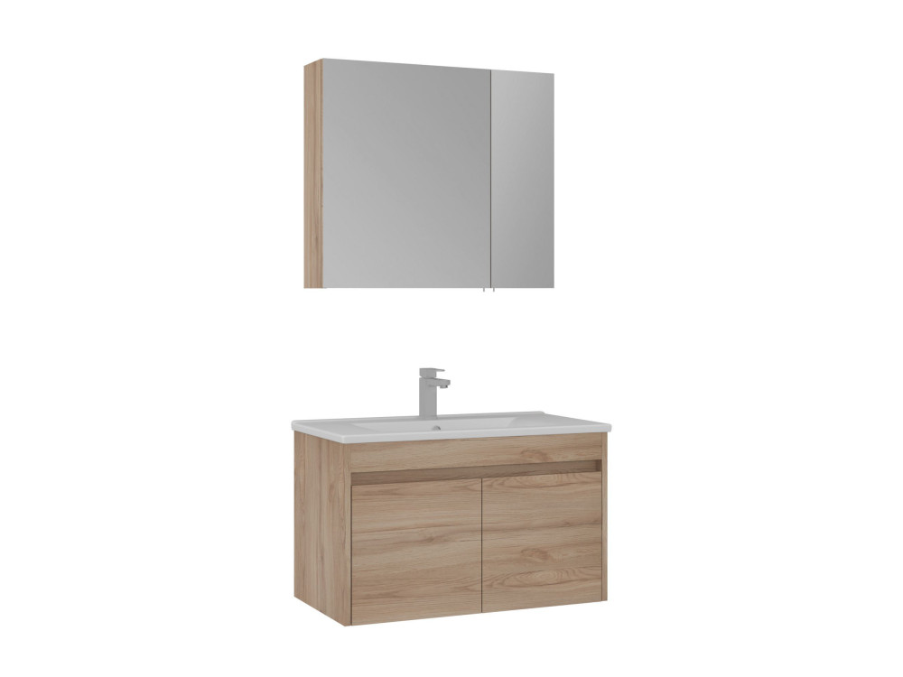 Wastafelmeubel met spiegel (2-delig) "Side 85 v2" - 85 x 45 x 52 cm - Eiken