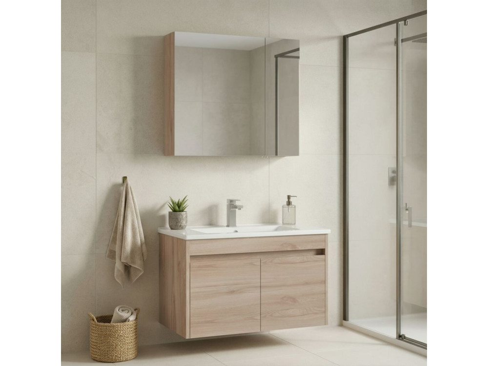 Wastafelmeubel met spiegel (2-delig) "Side 85 v2" - 85 x 45 x 52 cm - Eiken
