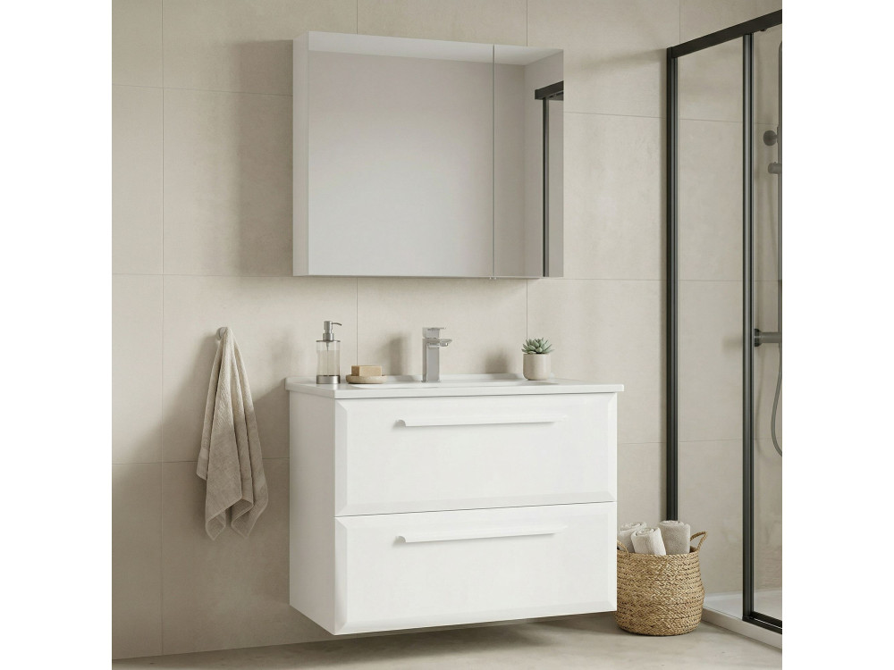Wastafelmeubel met spiegel (2-delig) "Nuvola 80 v2" - 80 x 50 x 62 cm - Wit