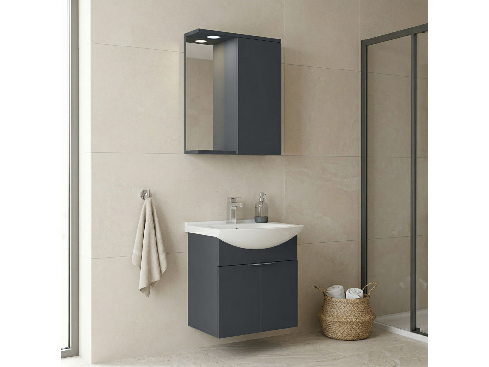 Wastafelmeubel met spiegel (2-delig) "Purus 55" - 55 x 50 x 58 cm - Mat antraciet