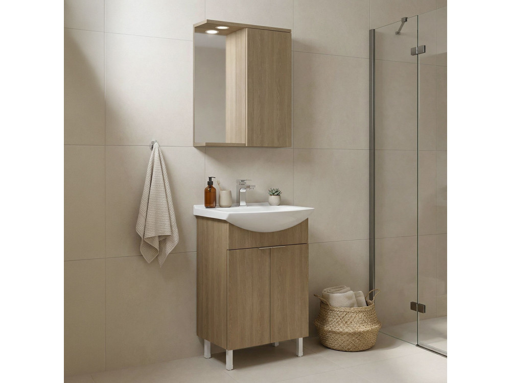 Wastafelmeubel met spiegel (2-delig) "Purus 55" - 55 x 50 x 83 cm - Eiken