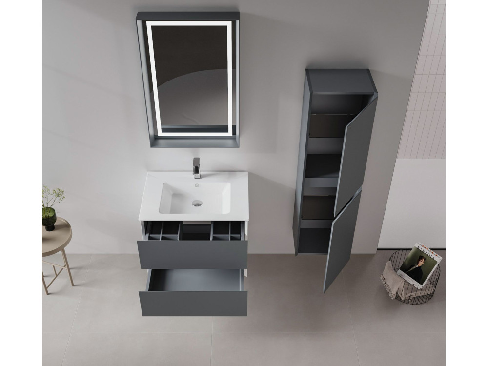 Wastafelmeubel met spiegel (2-delig) "Nest 71 v2" - 71 x 51 x 55 cm - Mat antraciet