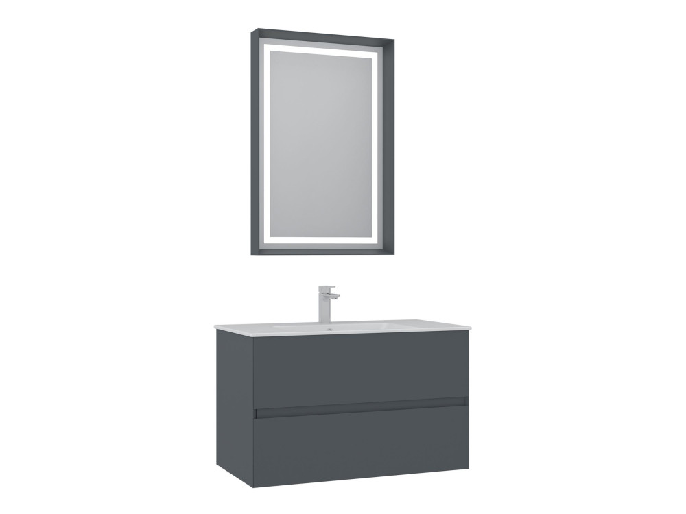 Wastafelmeubel met spiegel (2-delig) "Nest 91 v2" - 91 x 51 x 55 cm - Mat antraciet