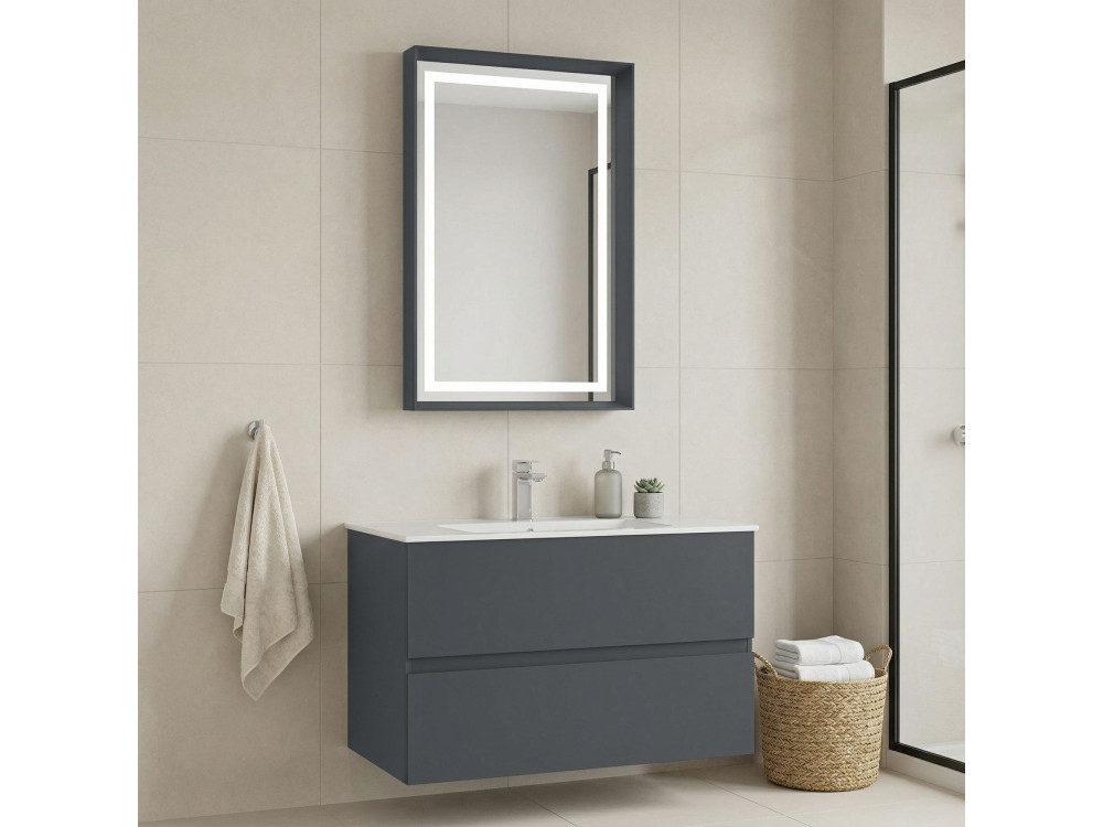 Wastafelmeubel met spiegel (2-delig) "Nest 91 v2" - 91 x 51 x 55 cm - Mat antraciet