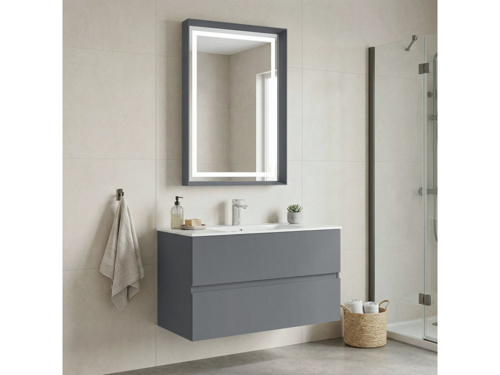 Wastafelmeubel met spiegel (2-delig) "Nest 91 v2" - 91 x 51 x 55 cm - Matgrijs