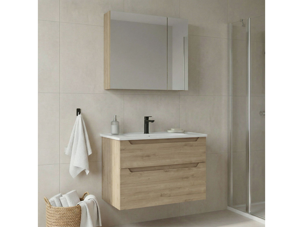 Wastafelmeubel met spiegel (2-delig) "Messina 85 v2" - 85 x 45 x 55 cm - Eiken