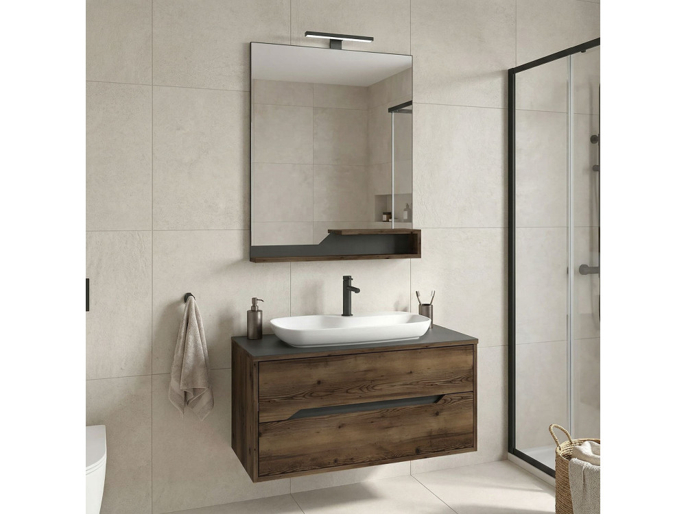 Wastafelmeubel met spiegel (2-delig) "Galia 100 v2" - 100 x 50 x 50 cm - Walnoot
