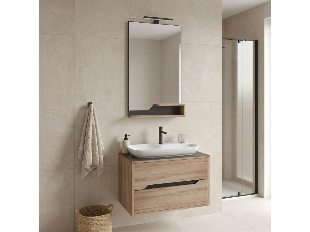 Wastafelmeubel met spiegel (2-delig) "Galia 80 v2" - 100 x 50 x 50 cm - Eiken