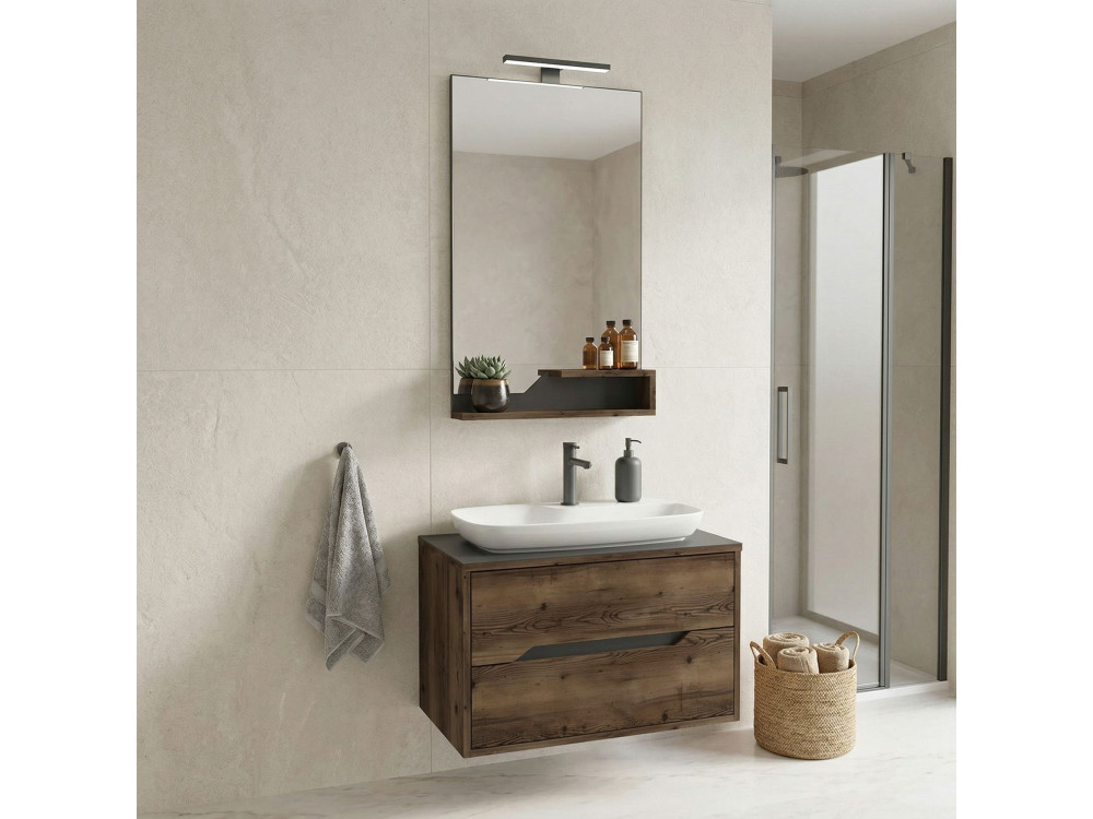 Wastafelmeubel met spiegel (2-delig) "Galia 80 v2" - 100 x 50 x 50 cm - Walnoot
