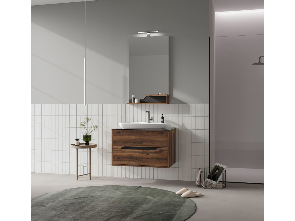 Wastafelmeubel met spiegel (2-delig) "Galia 80 v2" - 100 x 50 x 50 cm - Walnoot