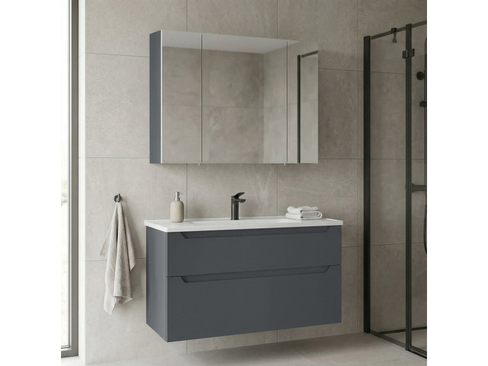 Wastafelmeubel met spiegel (2-delig) "Messina 100 v2" - 100 x 45 x 55 cm - Mat antraciet