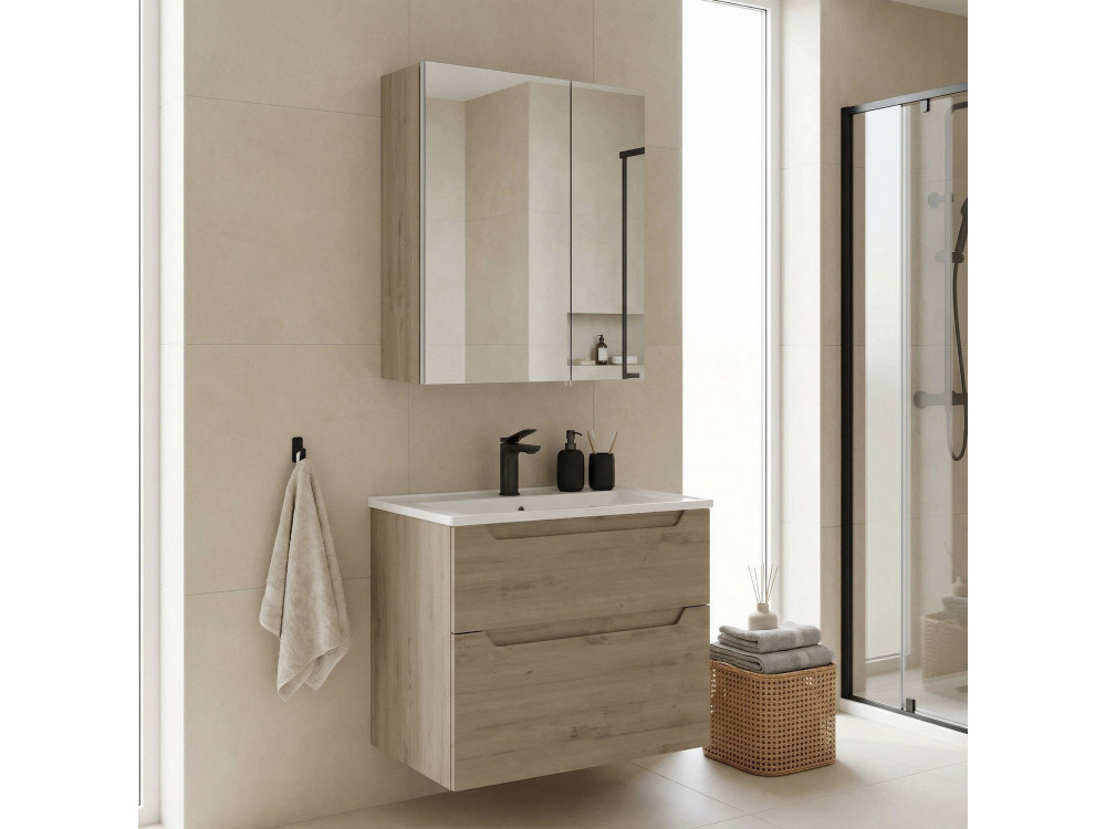 Wastafelmeubel met spiegel (2-delig) "Messina 65 v2" - 65 x 45 x 55 cm - Eiken
