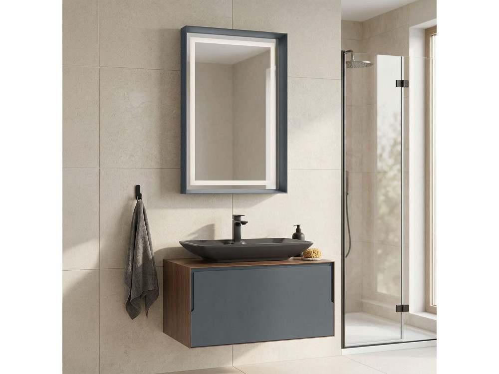 Wastafelmeubel met spiegel (2-delig) "Craft 80" - 60 x 50 x 40 cm - Walnoot / Antraciet