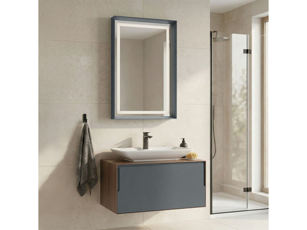 Wastafelmeubel met spiegel (2-delig) "Craft 80" - 60 x 50 x 40 cm - Walnoot / Antraciet / Wit