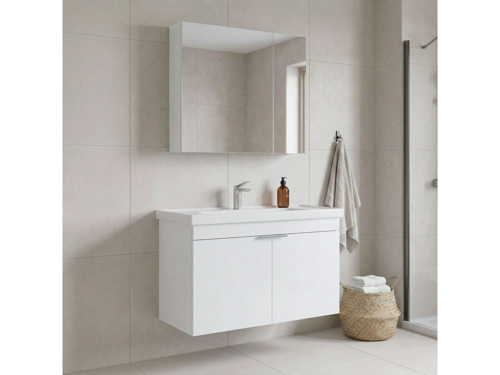 Wastafelmeubel met spiegel (2-delig) "Desna 90" - 90 x 45 x 58 cm - Matwit