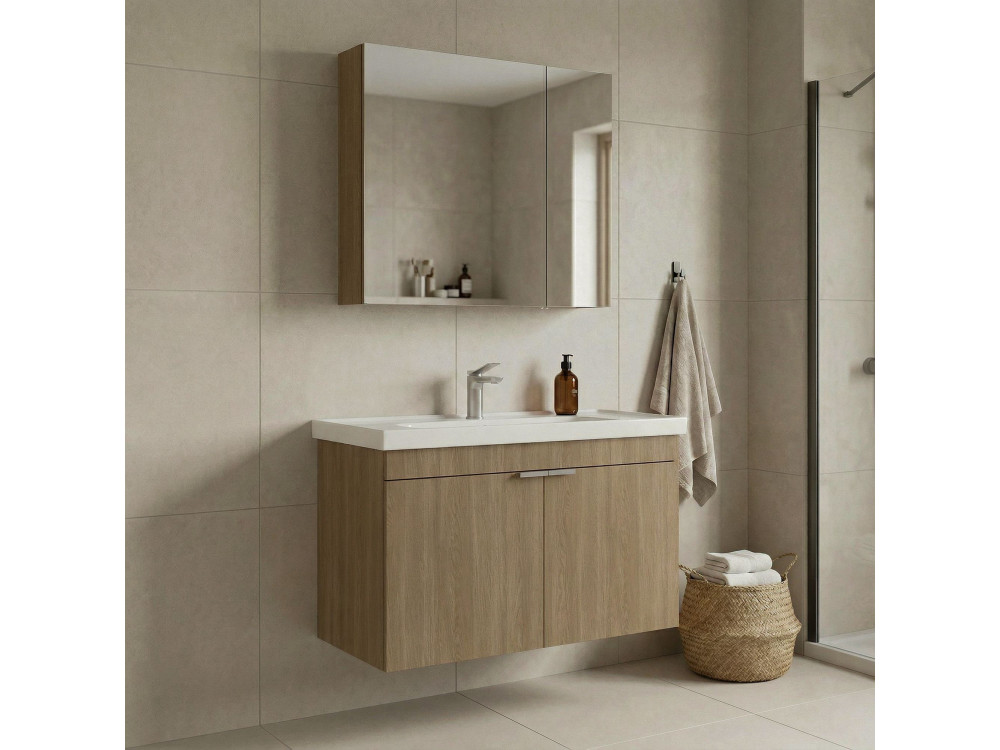 Wastafelmeubel met spiegel (2-delig) "Desna 90" - 90 x 45 x 58 cm - Eiken