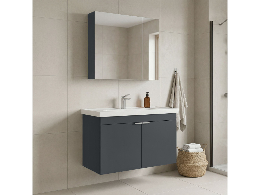 Wastafelmeubel met spiegel (2-delig) "Desna 90" - 90 x 45 x 58 cm - Mat antraciet