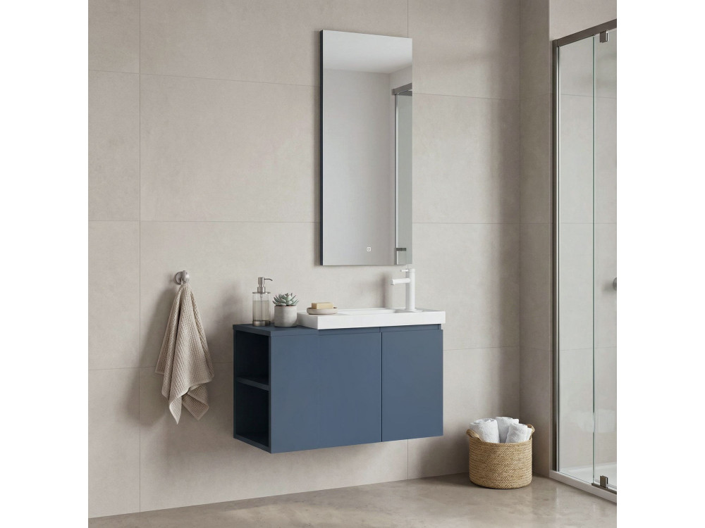 Wastafelmeubel met spiegel (2-delig) "Ferla 80" - 80 x 22 x 45 cm - Matblauw