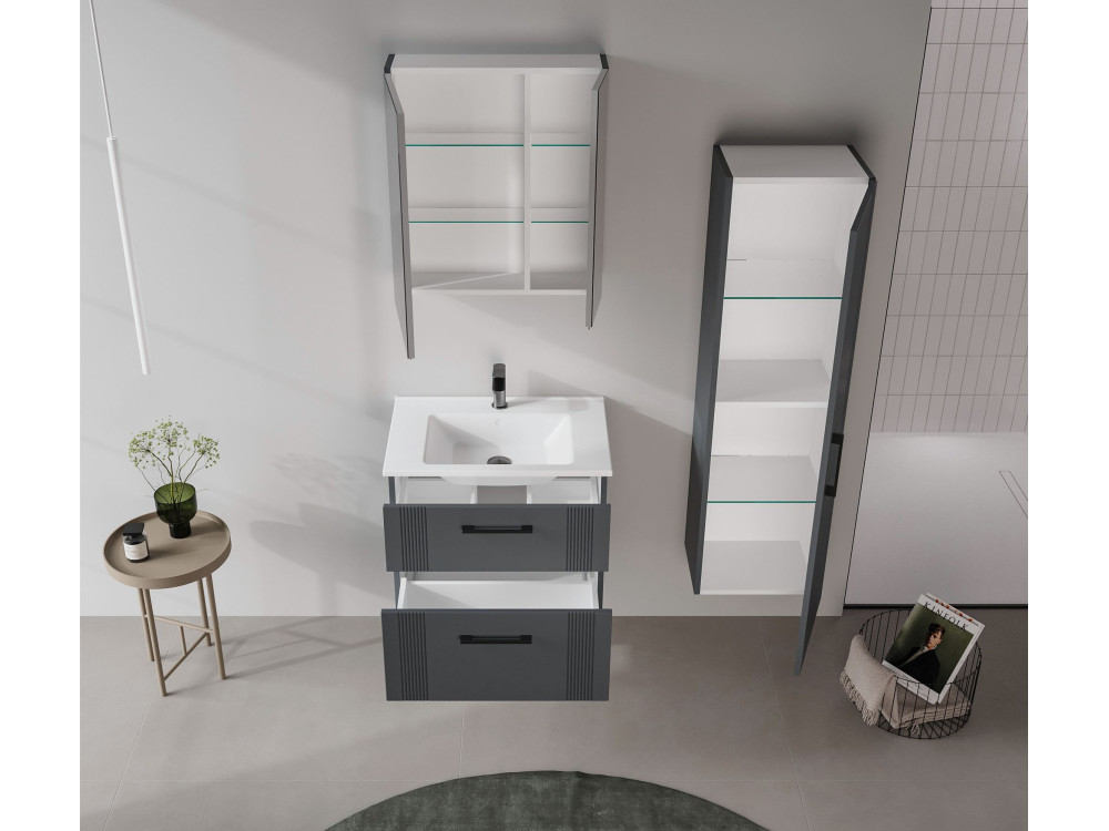 Wastafelmeubel met spiegel (2-delig) "Bari 65 v2" - 65 x 45 x 55 cm - Mat antraciet