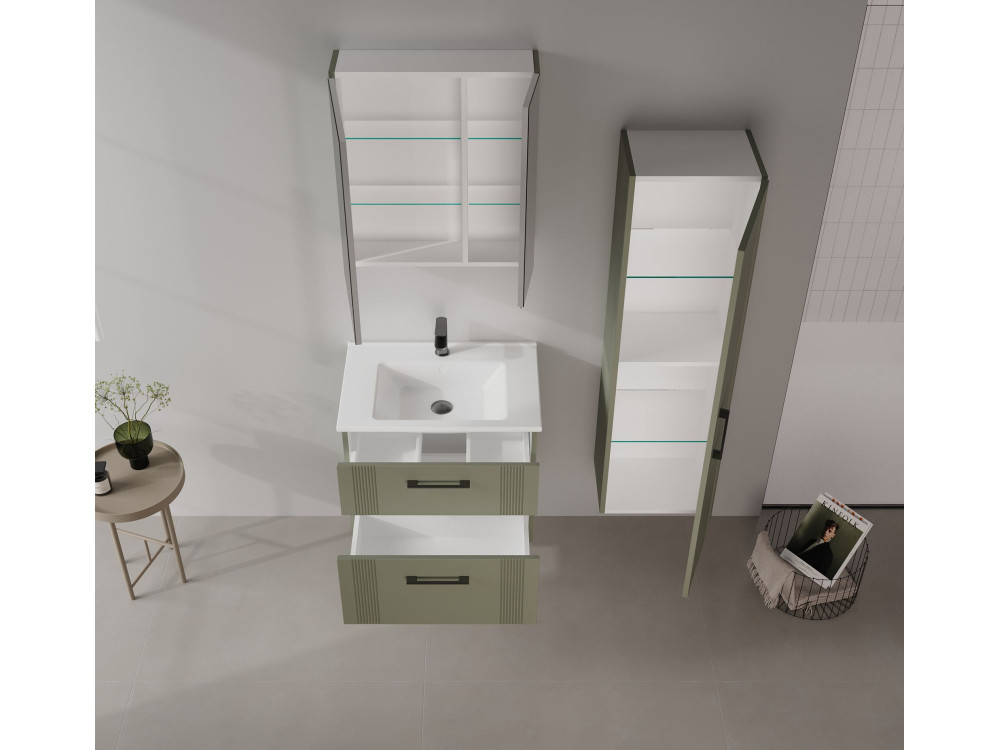 Wastafelmeubel met spiegel (2-delig) "Bari 65 v2" - 65 x 45 x 55 cm - Matte Green