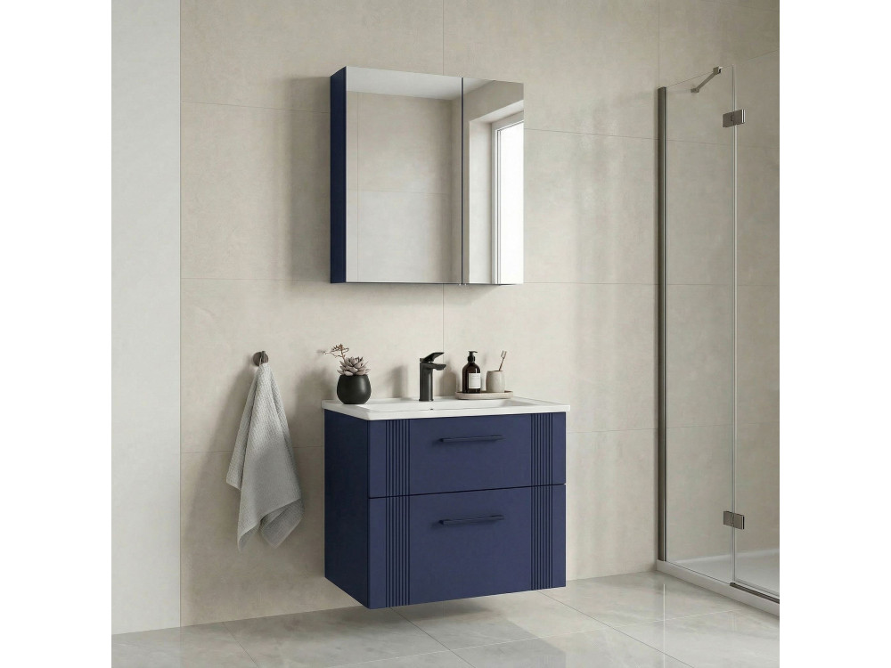 Wastafelmeubel met spiegel (2-delig) "Bari 65 v2" - 65 x 45 x 55 cm - Mat marineblauw