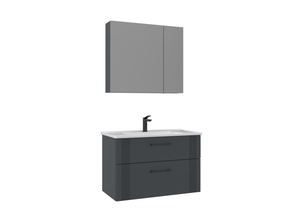 Wastafelmeubel met spiegel (2-delig) "Bari 85 v2" - 85 x 45 x 55 cm - Mat antraciet