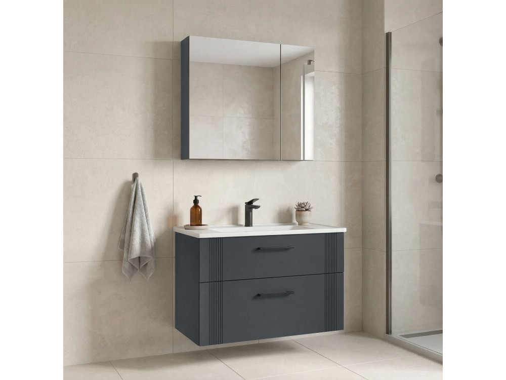 Wastafelmeubel met spiegel (2-delig) "Bari 85 v2" - 85 x 45 x 55 cm - Mat antraciet
