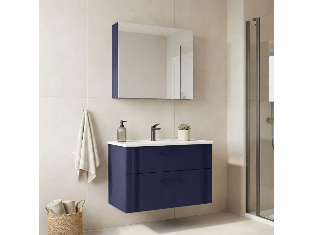 Wastafelmeubel met spiegel (2-delig) "Bari 85 v2" - 85 x 45 x 55 cm - Mat marineblauw