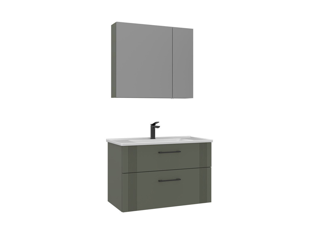 Wastafelmeubel met spiegel (2-delig) "Bari 85 v2" - 85 x 45 x 55 cm - Matgroen