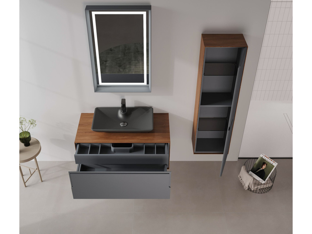 Wastafelmeubel met spiegel (2-delig) "Craft 100" - 100 x 50 x 40 cm - Walnoot / Antraciet