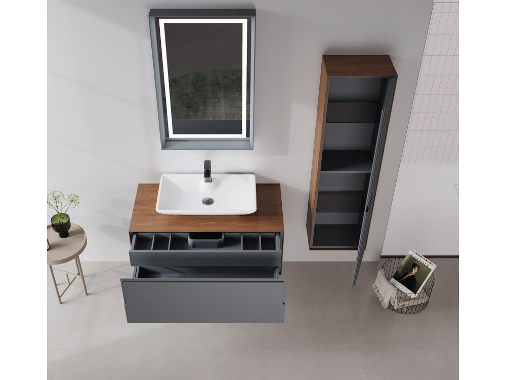 Wastafelmeubel met spiegel (2-delig) "Craft 100" - 100 x 50 x 40 cm - Walnoot / Antraciet / Wit