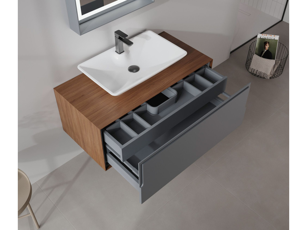 Wastafelmeubel met spiegel (2-delig) "Craft 100" - 100 x 50 x 40 cm - Walnoot / Antraciet / Wit