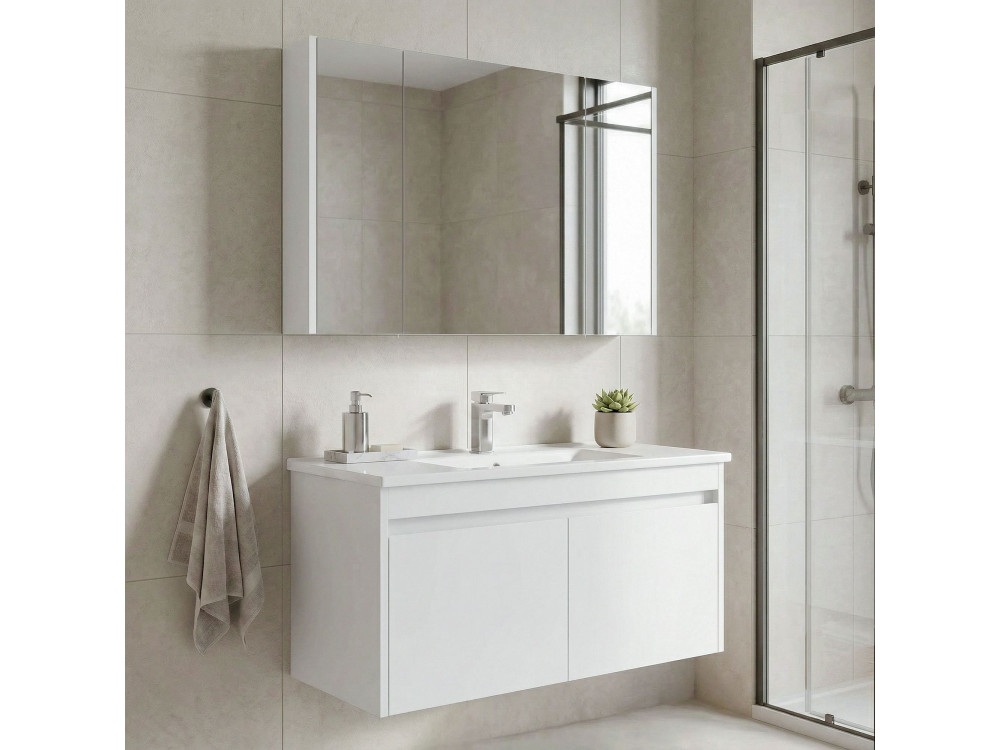 Wastafelmeubel met spiegel (2-delig) "Arno 100" - 100 x 45 x 52 cm - Wit