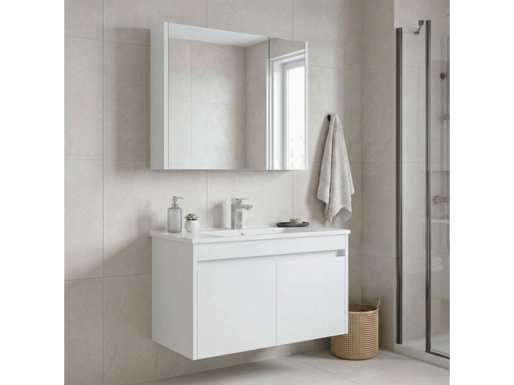 Wastafelmeubel met spiegel (2-delig) "Arno 85" - 85 x 45 x 52 cm - Wit