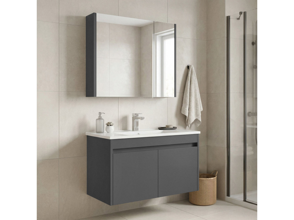 Wastafelmeubel met spiegel (2-delig) "Arno 85" - 85 x 45 x 52 cm - Grijs