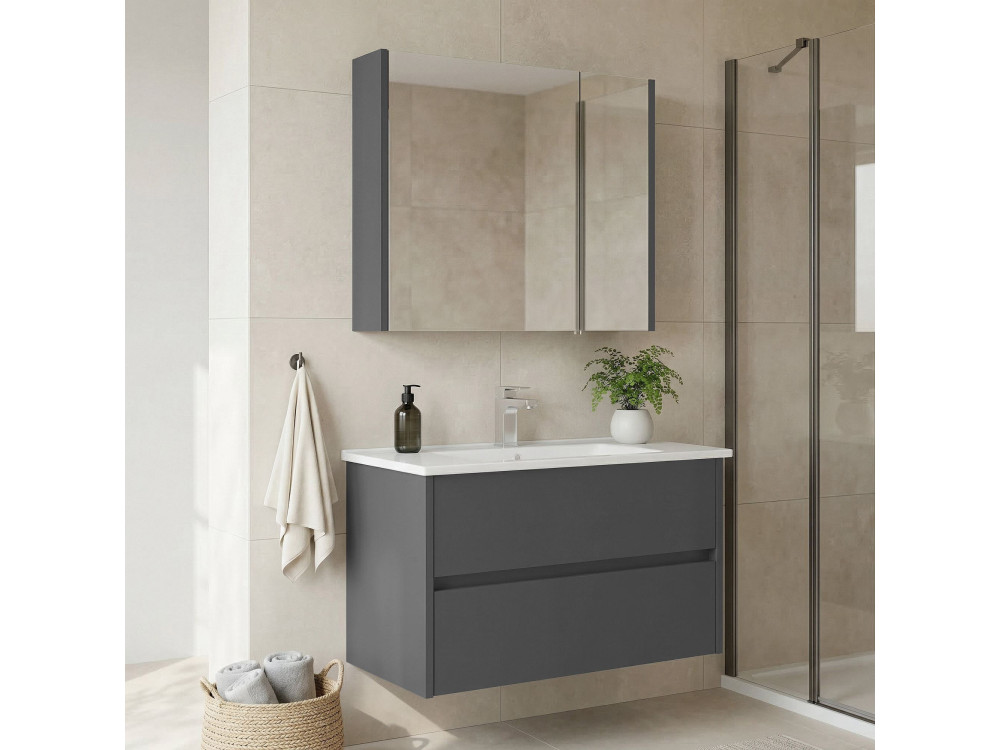 Wastafelmeubel met spiegel (2-delig) "Arno 85" - 85 x 45 x 52 cm - Grijs