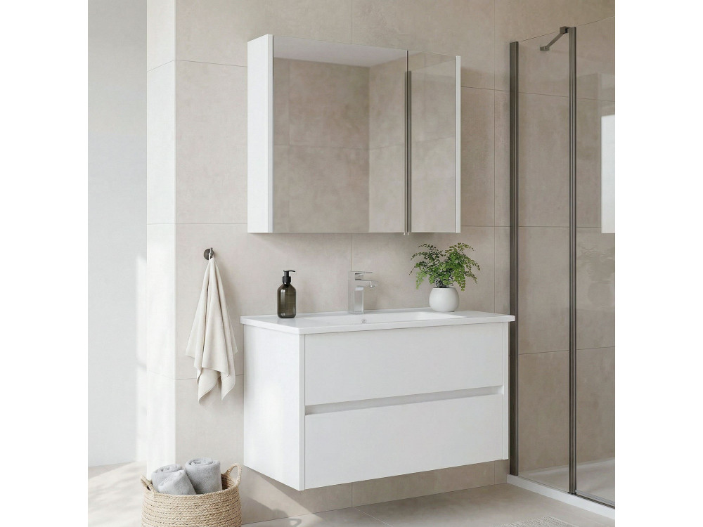 Wastafelmeubel met spiegel (2-delig) "Arno 85" - 85 x 45 x 52 cm - Wit