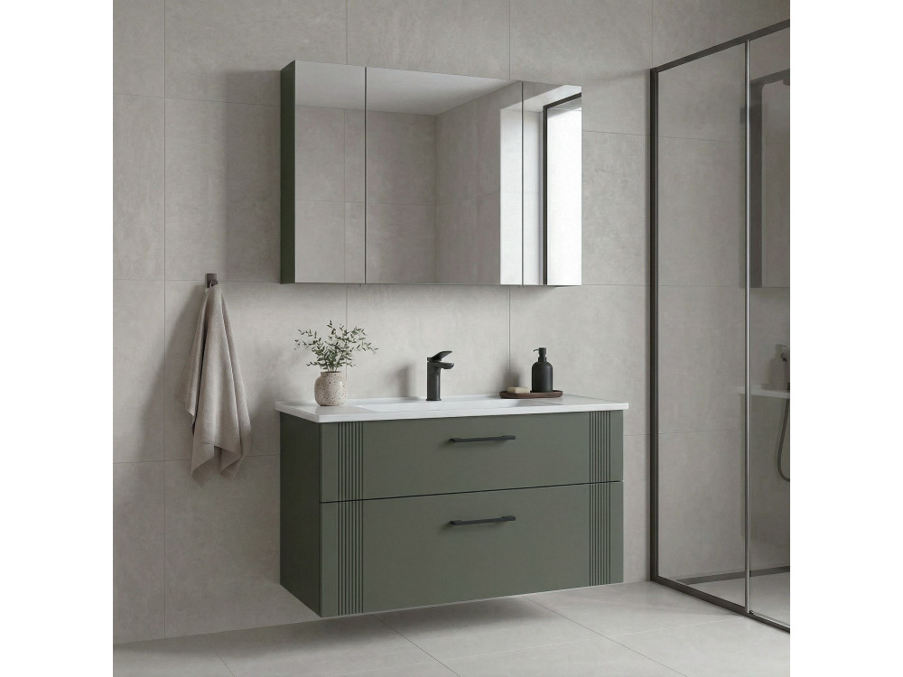 Wastafelmeubel met spiegel (2-delig) "Bari 100 v2" - 100 x 45 x 55 cm - Matgroen