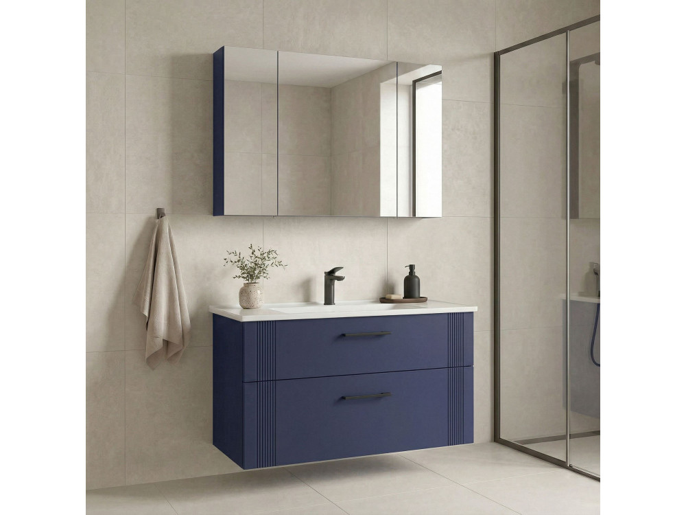 Wastafelmeubel met spiegel (2-delig) "Bari 100 v2" - 100 x 45 x 55 cm - Mat marineblauw