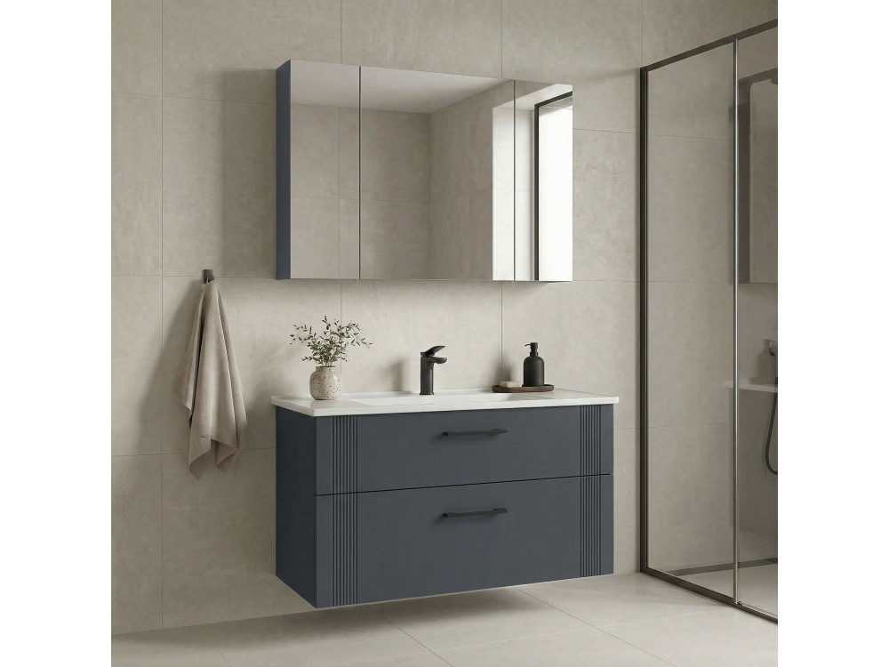 Wastafelmeubel met spiegel (2-delig) "Bari 100 v2" - 100 x 45 x 55 cm - Mat antraciet