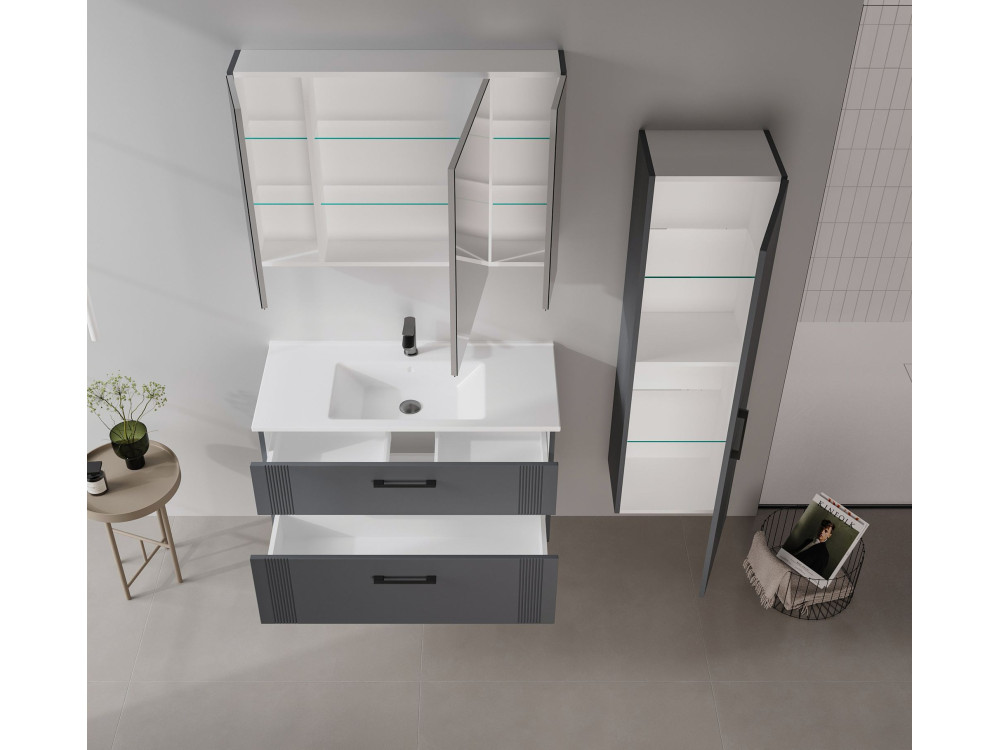 Wastafelmeubel met spiegel (2-delig) "Bari 100 v2" - 100 x 45 x 55 cm - Mat antraciet