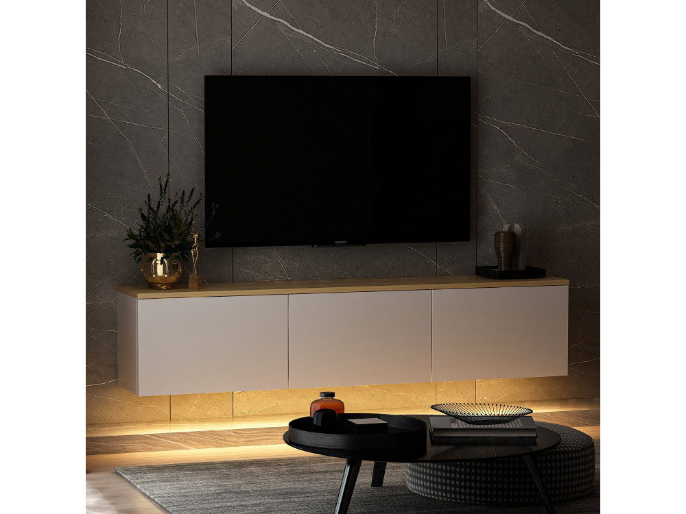 Hangend houten TV-meubel "Neon" met LED-verlichting - 160 x 32 x 35 cm - Wit