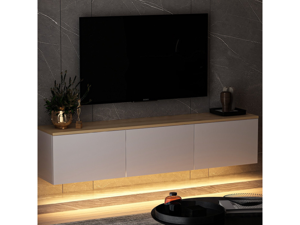 Hangend houten TV-meubel "Neon" met LED-verlichting - 160 x 32 x 35 cm - Wit