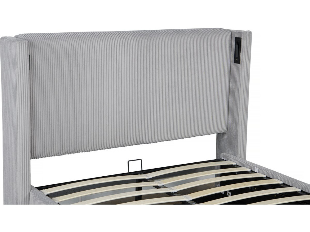 Tweepersoonsbed met opbergruimte en verlichting velours ribfluweel "Cortina" - 160 x 200 cm - Grijs