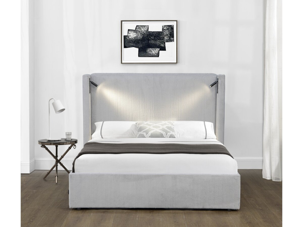 Tweepersoonsbed met opbergruimte en verlichting velours ribfluweel "Cortina" - 160 x 200 cm - Grijs