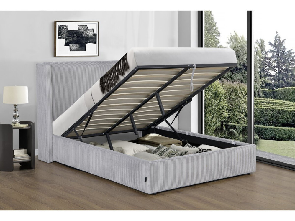 Tweepersoonsbed met opbergruimte en verlichting velours ribfluweel "Cortina" - 160 x 200 cm - Grijs