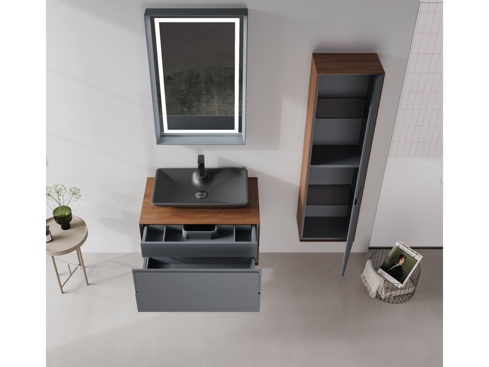 Wastafelmeubel met spiegel (2-delig) "Craft 80" - 60 x 50 x 40 cm - Walnoot / Antraciet